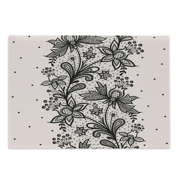 Orient Cutting Board, Oriental Inspired Botanic Ornamental Lace Looking Motif with Polka Dots Print, Decorative Tempered Glass Cutting and Serving Board, in 3 Sizes, by Ambesonne