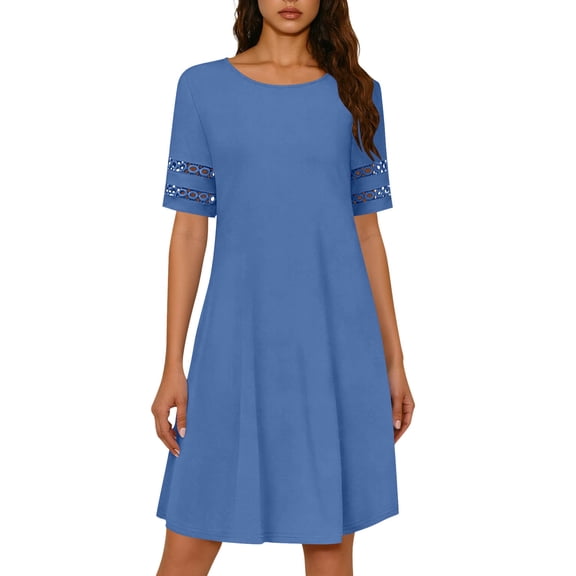 Summer Aline Dresses for Women Short Sleeve Business Casual Dress Round Neck Lace Patchwork T-Shirt Sundress Light Blue, M