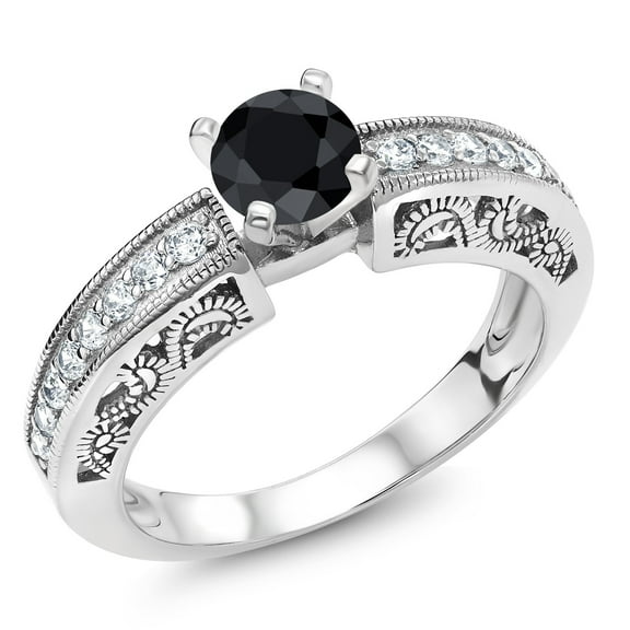 Gem Stone King 925 Sterling Silver Black Sapphire Engagement Filigree Ring for Women (1.74 Cttw, Round 6MM, Gemstone September Birthstone, Size 6)