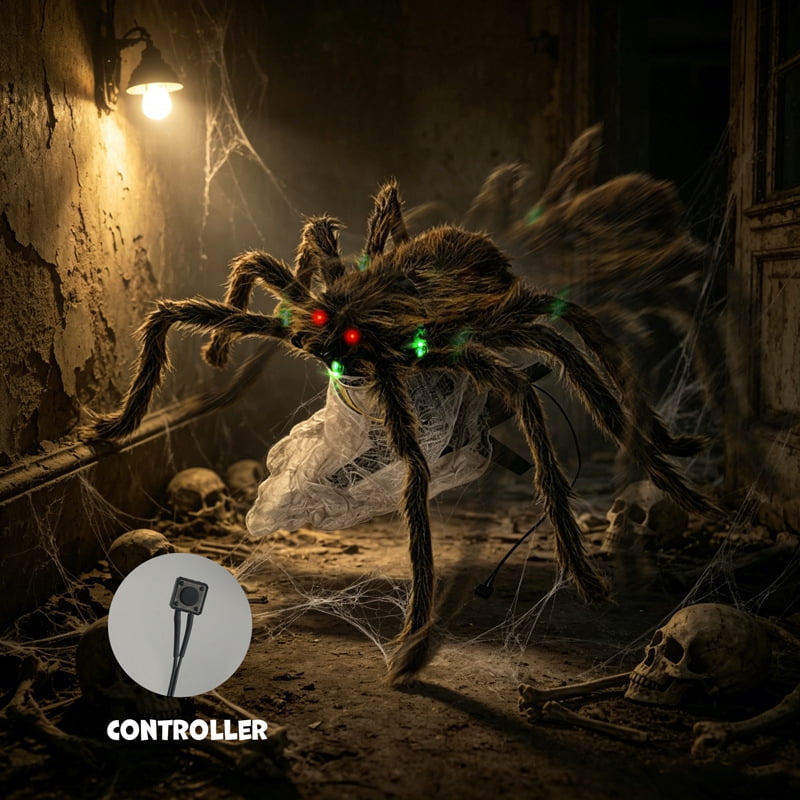 Halloween Animated Jumping Spider Decoration, Scary Electric Bouncing Spider with Sound and Light Effects, Realistic Plush Spider Prop for Haunted Houses, Parties, Yards, and Indoor/Outdoor Decor