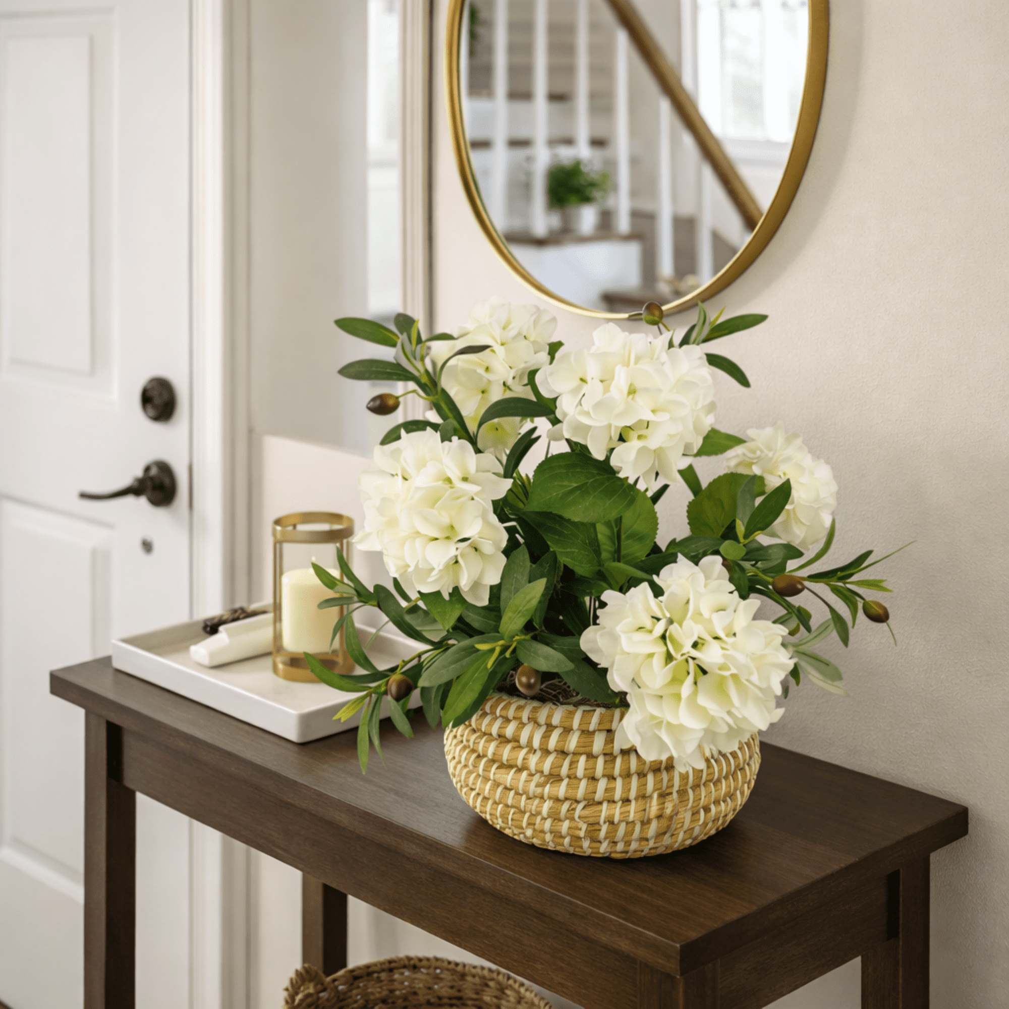 Artificial Plant, 1.67ft Artificial White Hydrangea Plant with Olive Branches in a White Basket by LCG Florals, Faux Designer Fake Indoor Tree for Living Room, Office, and Home Décor
