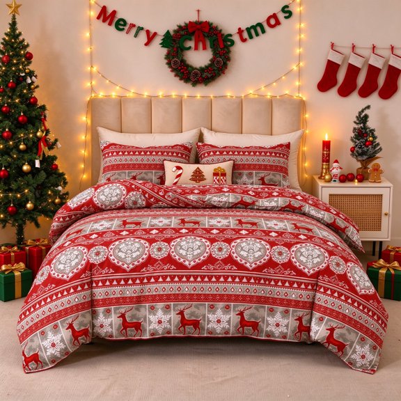 Smuge 3-Piece Christmas Duvet Cover Set Full/Queen Size, Soft Microfiber Reversible Bedding Set with 2 Pillow Shams, Red Reindeer Snowflake