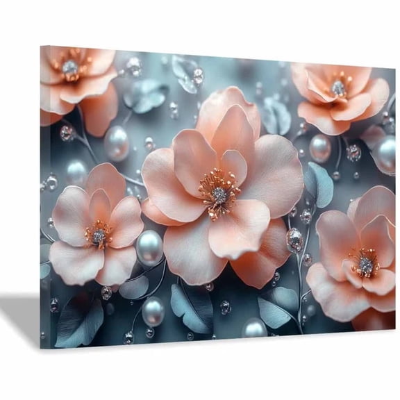 Mudket Peach Flower with Silver Leaves & Pearl Canvas Wall Art, Floral Wall Decor, Framed Ready to Hang Botanical Artwork for Bedroom Living Room Office - 12"L x 8"W