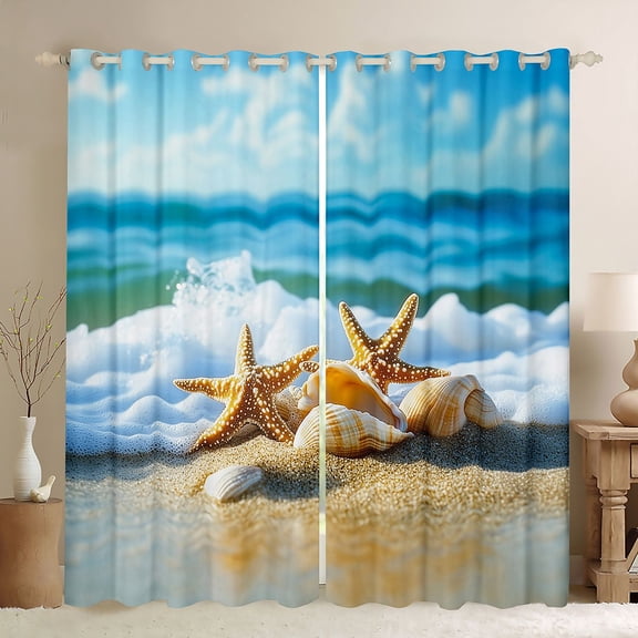 Manfei Beach Starfish Seashell Black Out Curtains for Kids Boys and Girls, Coastal Sea Print Curtains Pack of 2 (42x63 Each)
