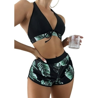 KZKR Women's Bathing Suit 3-Piece Bikini Sets Thong Bikini Sets Cross Sling High Waist Short Swimsuits Sets for Women
