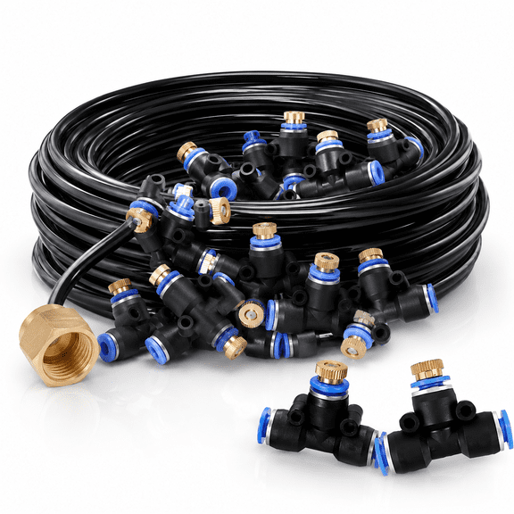 Misting System,Outdoor Misting Cooling System for Patio,27FT (8M) Misting Line 8 Brass Mist Nozzles Brass Adapter for Patio Garden Trampoline Greenhouse