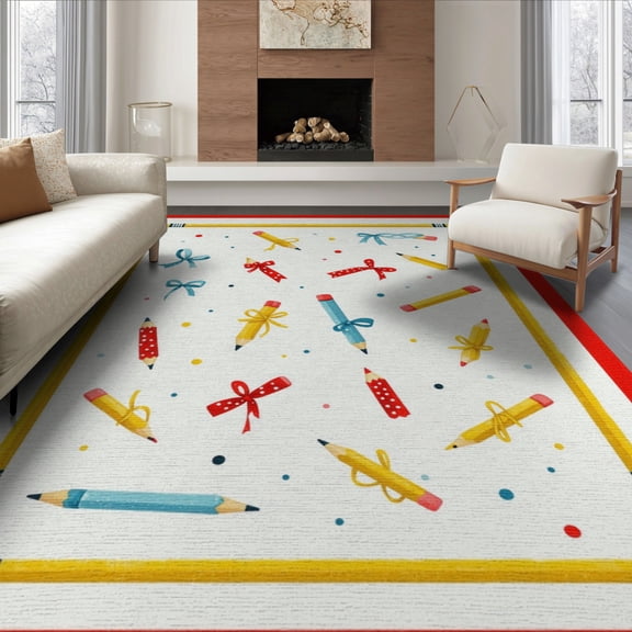 ODIKA 8'x10' Washable Area Rug Non-Slip Chair-Friendly Mat Classroom Pencil Schoolgirl Tossed Polka Dot School Abstract for Dining Room, Large Office, Lounge