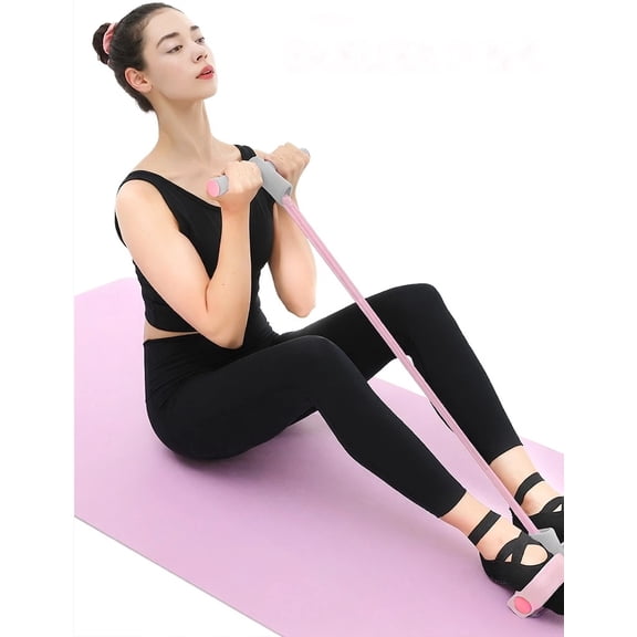 4-Tube Pedal Resistance Band Tummy Trimmer, Elastic Sit-Up Pull Rope with Foam Handles, Portable Home Workout Equipment for Abdomen Yoga Pilates, Pink/Grey