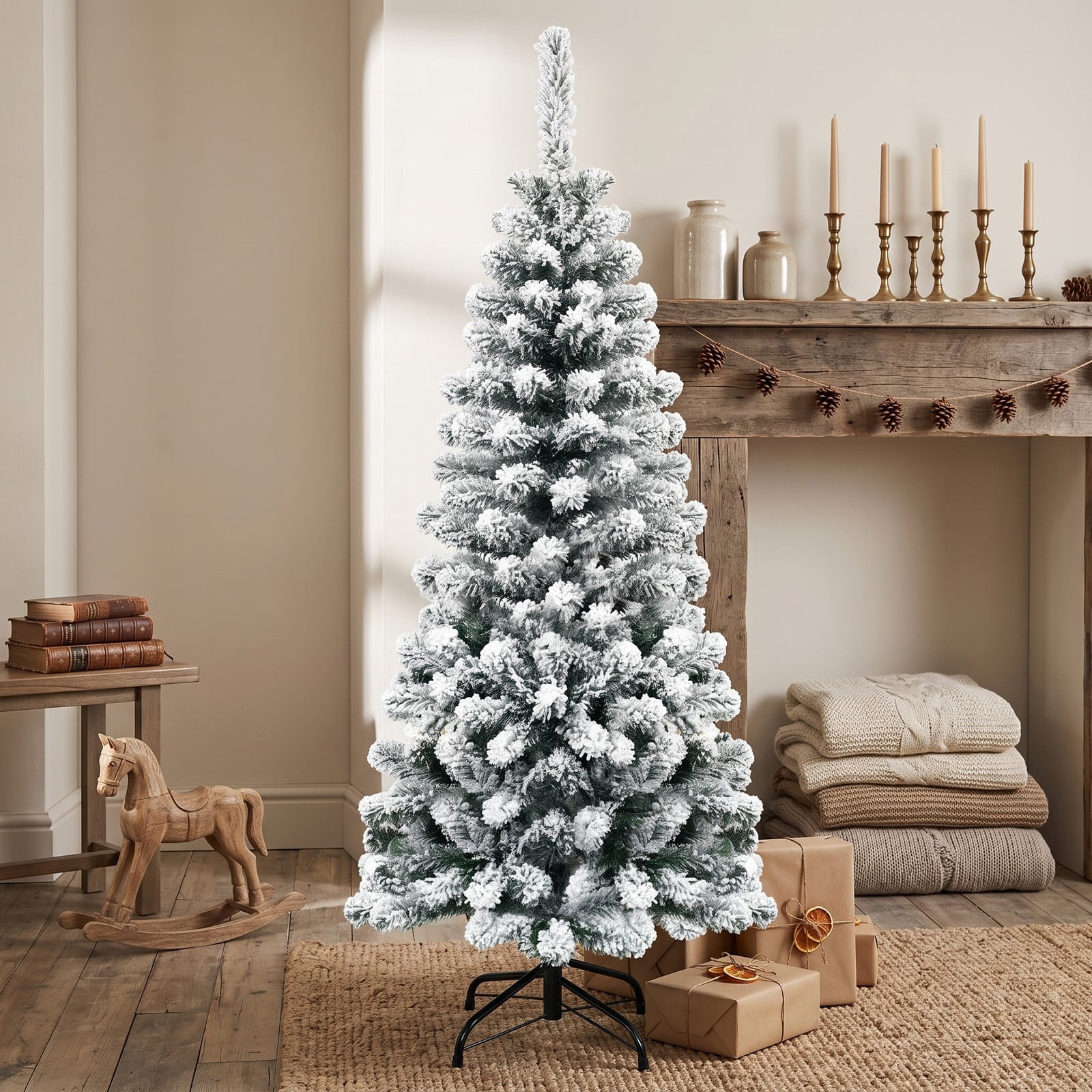 RUIE 4.5 FT Unlit Snow Flocked Artificial Pencil Christmas Tree, Hinged Slim Xmas Tree with 242 Branch Tips and Metal Stand for Indoor Holiday Decor, White & Green