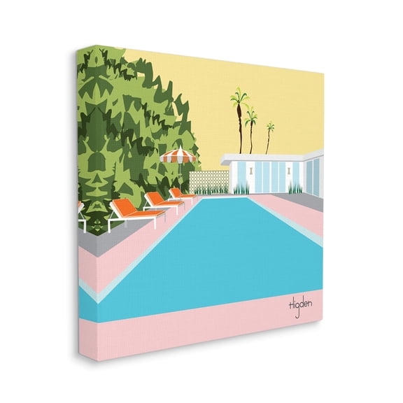 Tropical Poolside Scene Yellow Palm Sky Novelty Gallery-Wrapped Canvas Print Wall Art, 17x17