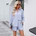 thumbnail image 3 of Women Pleated 2 Piece Outfits Long Sleeve Button Down Shirt Wide Leg Pants Sets Casual Loungewear, 3 of 5