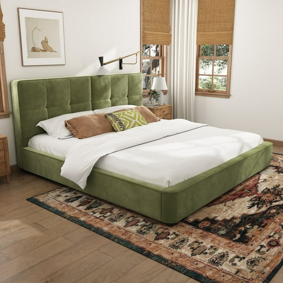 Augustus Luxurious Velvet King Bed Frame with Curved Tufted Headboard, Oliver Green
