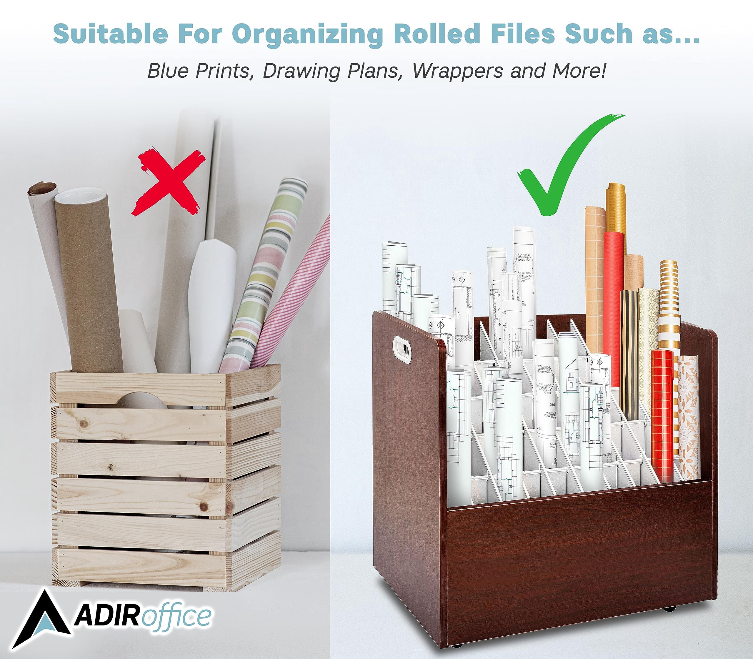 AdirOffice Blue Print Storage Organizer- Mobile Roll File Cart, Construction Plan Holders, Blueprint Cabinet with Wheels (50 Slots, Mahogany)