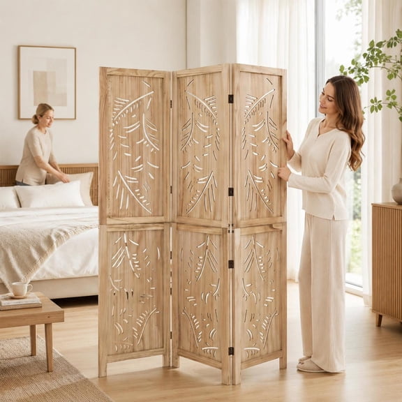 3-Panel Wooden Room Divider with Palm Leaf Design, Paulownia Frame, Foldable Privacy Screen