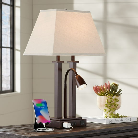 Possini Euro Design Deacon Modern Desk Table Lamp 26" High Bronze with USB and AC Power Outlet in Base LED Reading Light Oatmeal Shade for Office Desk