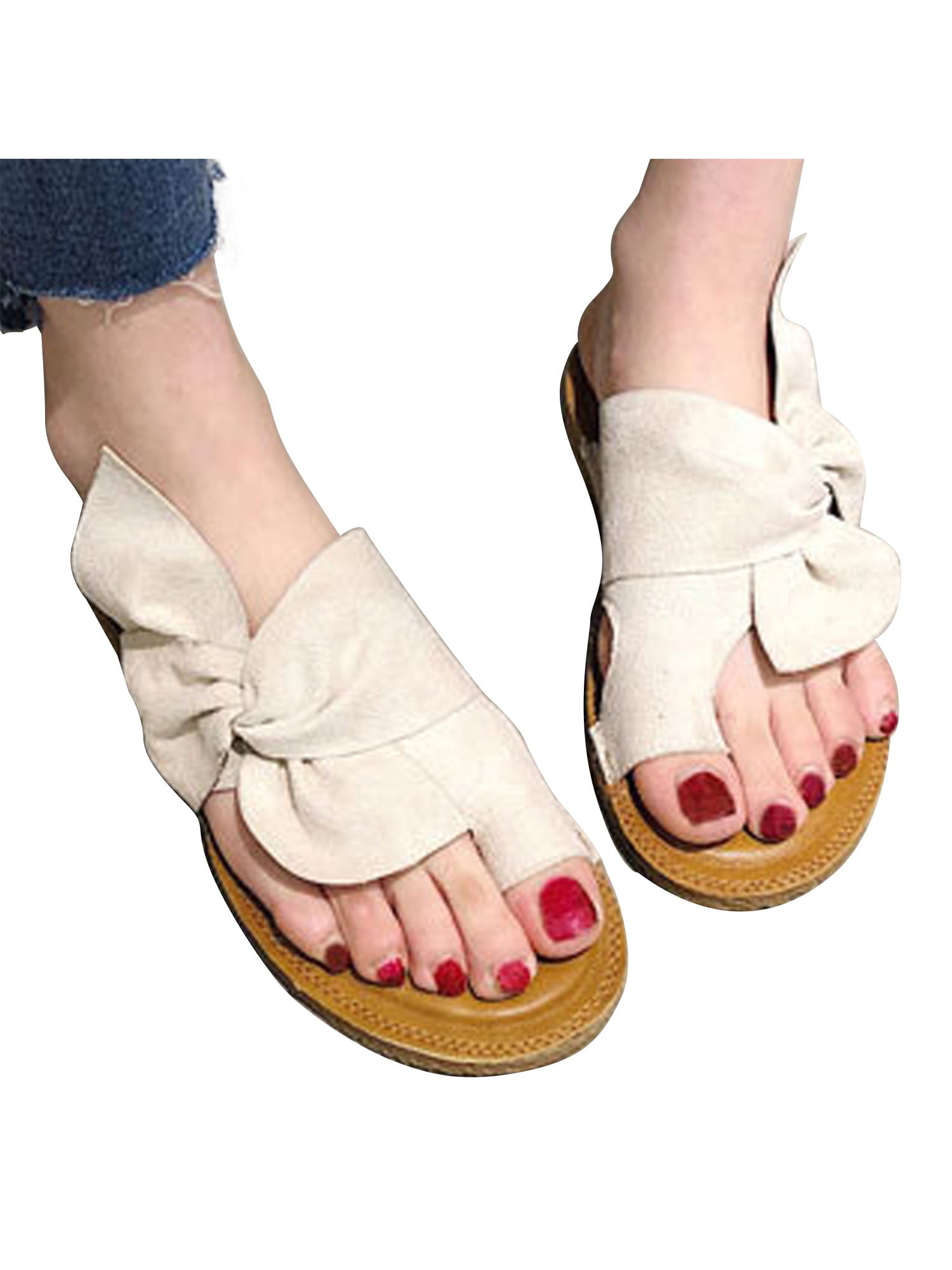 Wodstyle - Women's Casual Bowknot Shoes Comfort Wedge Ring Toe Summer Flat Slip On Sandals 