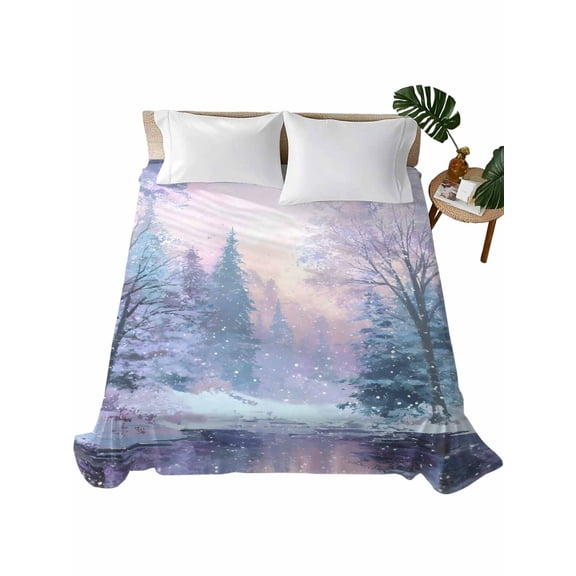 Full Flat Sheet 81"x96", Winter Forest Soft Lightweight Bedding Flat Sheets Only, Natural Forest Lake Snow Scene Colorful Brushed Microfiber Top Bed Sheet, Breathable StainResistant Bedsheets