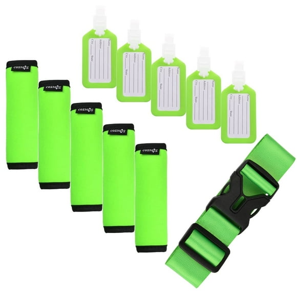 Cosmos 5 Pcs Fluorescent Green Comfort Neoprene Handle Wraps/Grip/Identifier + Luggage Tags + Fluorescent Green Nylon Add a Bag Luggage Strap