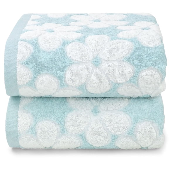 Juego de toallas de baño Jacquotha, algodón, estampado floral, jacquard, azul aguamarina, x2