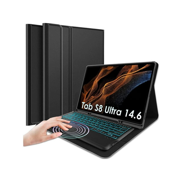 Bluetooth Touchpad Keyboard Case for Samsung Galaxy Tab S8 Ultra 2022 14.6 Inch Tablet, 7 Colors Backlight Detachable Wireless Trackpad Keyboard & Slim PU Stand Cover with Pen Holder