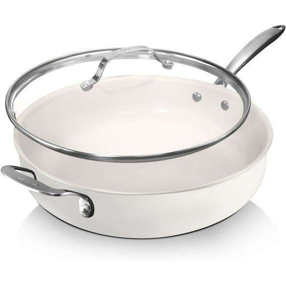 Gotham Steel 5.5 Qt Saute Pan with Lid, Diamond Reinforced Ceramic Nonstick Deep Frying Pan, Large Jumbo Cooker Frying Skillet with Stay Cool Handles, Oven & Dishwasher Safe, Cream/Silver Handles