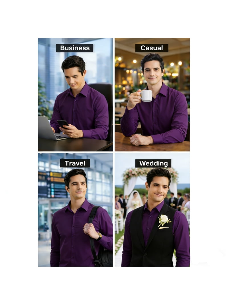 walmart mens purple dress shirt Hisdern Mens Dress Shirts Long Sleeve Button Down Shirts Casual Solid Formal Business Shirt Purple, Men's, Size: Large