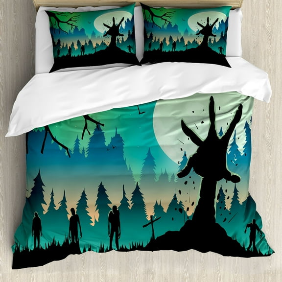 Halloween Duvet Cover Set, Zombie Silhouettes and an Arm in Idyllic Forest Hill Full Moon, Decorative 3 Piece Bedding Set with 2 Pillow Shams, Calking Size, Charcoal Grey Green and Teal, by Ambesonne