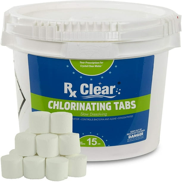 rx clear 1 inch stabilized chlorine tablets one 15 pound bucket use as bactericide algaecide and disinfectant in swimming pools and spas slow