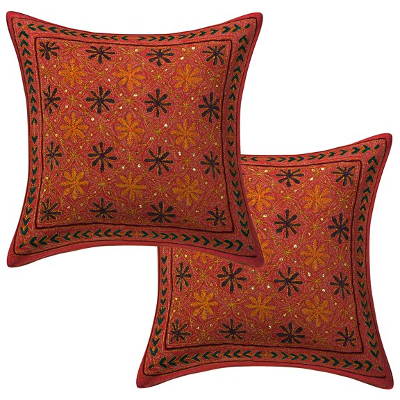 Stylo Culture Ethnic Settee Sofa Throw Pillow Covers 16x16 Sequins Gold Zari Embroidered Pink Indian 40x40 cm Home Decor Cotton Floral Square Cushion Covers | Set Of 2
