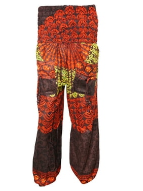 Mogul Women's Harem Pants Pajamas Brown Yoga Trousers Smocked Waist Pant