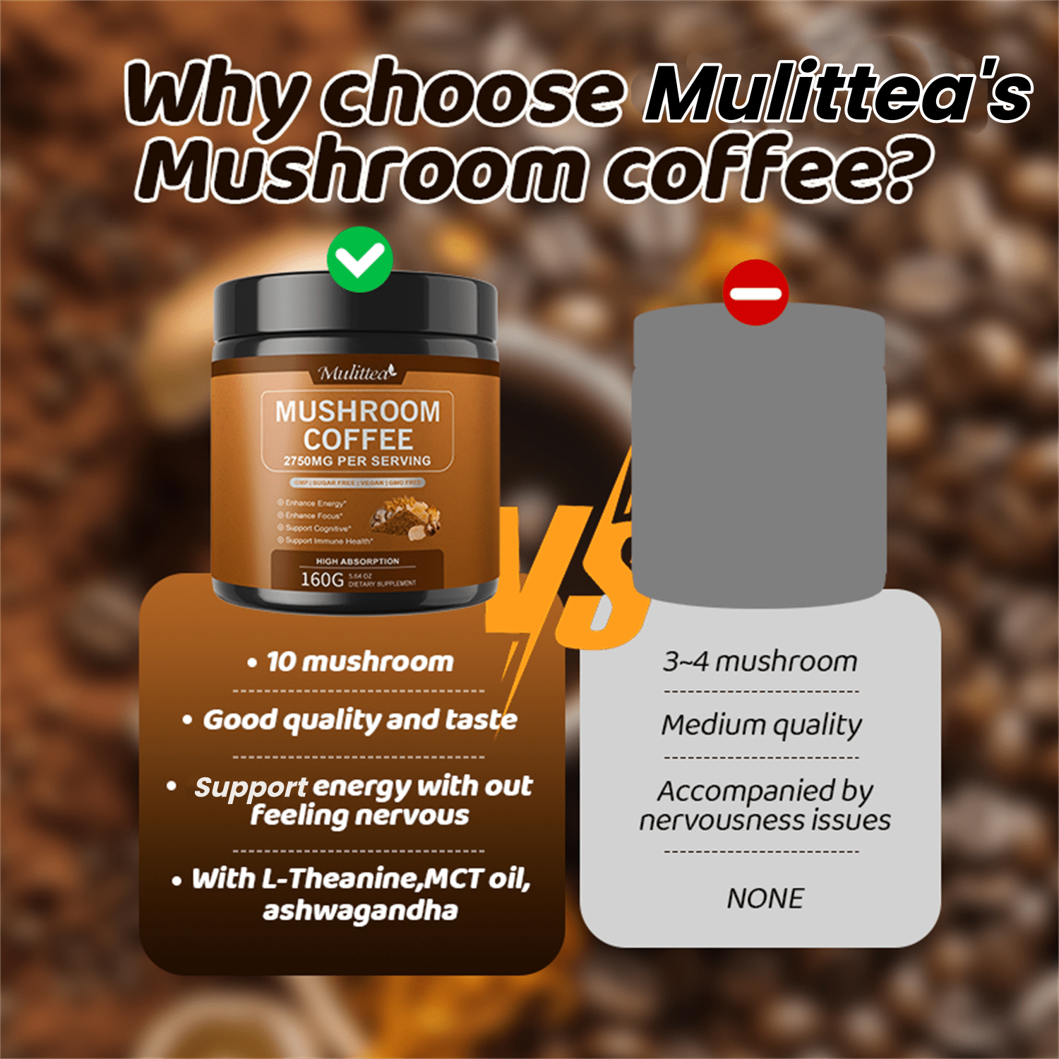 Mulittea Mushroom Coffee with Ashwagandha & Collagen – Lion's Mane, Cordyceps & Chaga Blend for Energy & Immune Support, Focus & Mental Clarity - Sugar-Free Instant Coffee Powder -100 Servings