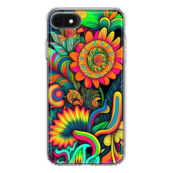 MUNDAZE Apple iPhone 6/7/8/SE 2020/SE 3 2022 Shockproof Clear Hybrid Protective Phone Case Neon Psychedelic Indie Hippie Sunflowers Cover