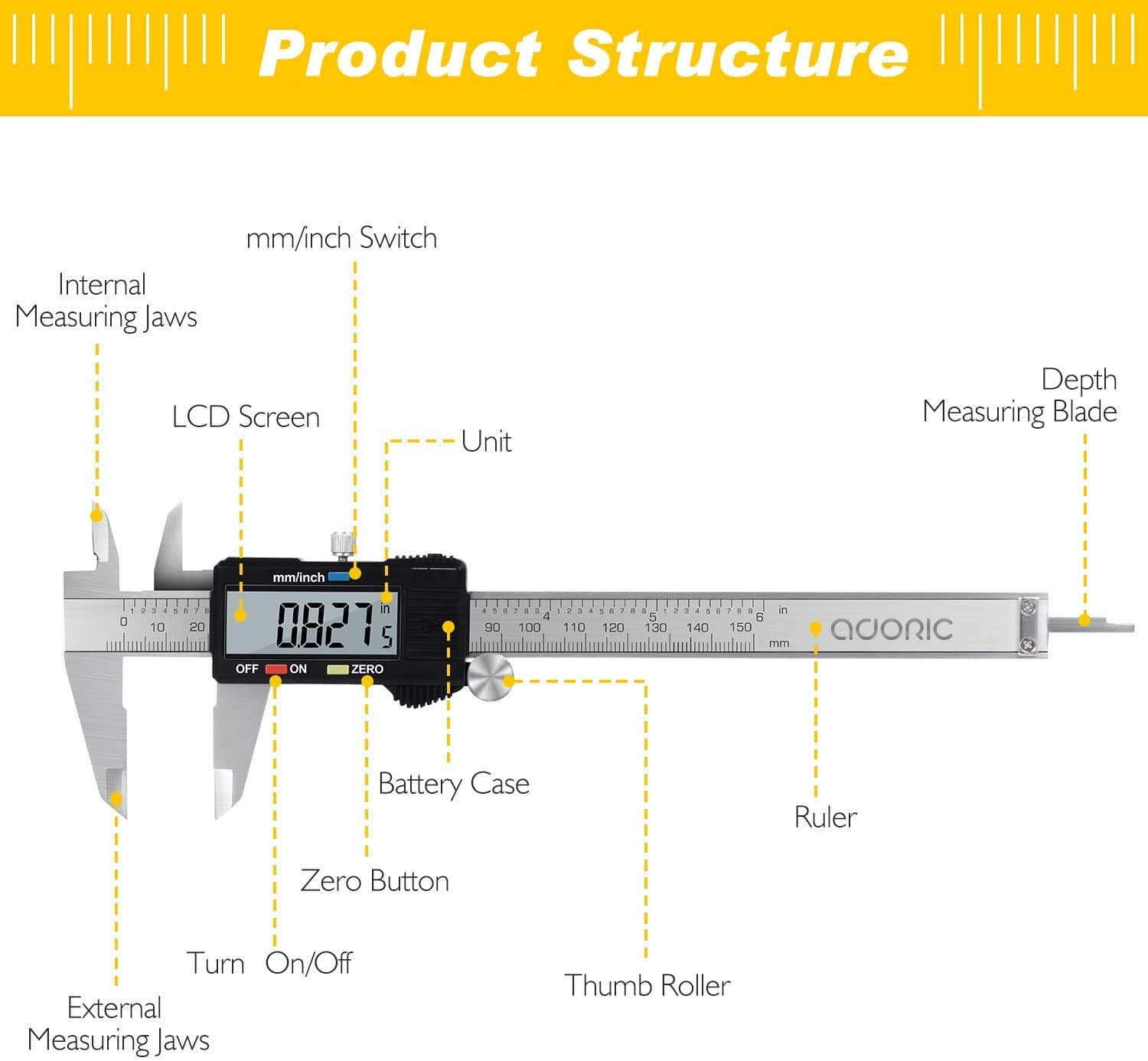 Digital Caliper, 0-6" Calipers Measuring Tool - Electronic Micrometer Caliper with Large LCD Screen, Auto-Off Feature, Inch and Millimeter Conversion