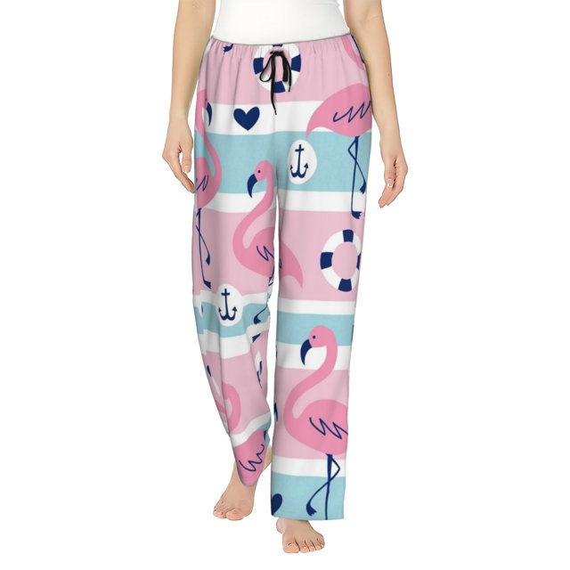 Balery Pink Striped Flamingo Pantalones de pijama para mujer, pijamas ultraligeros, pantalones de estar por casa-XX-Large