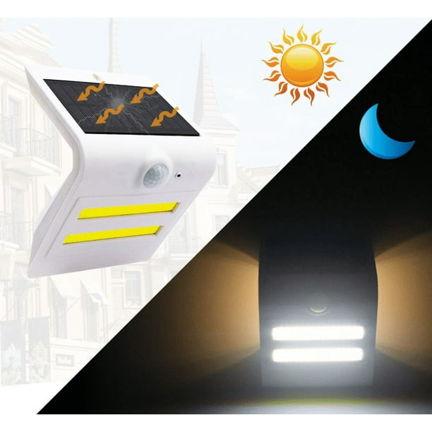 Lámpara solar de 2 piezas, luz de pared solar de 32 LED, luz con sensor infrarrojo del cuerpo humano, aplique de pared para exteriores, luz de césped para jardín, lámpara de calle (carcasa blanca + lámpara de humor blanca cálida, 2 piezas) ER