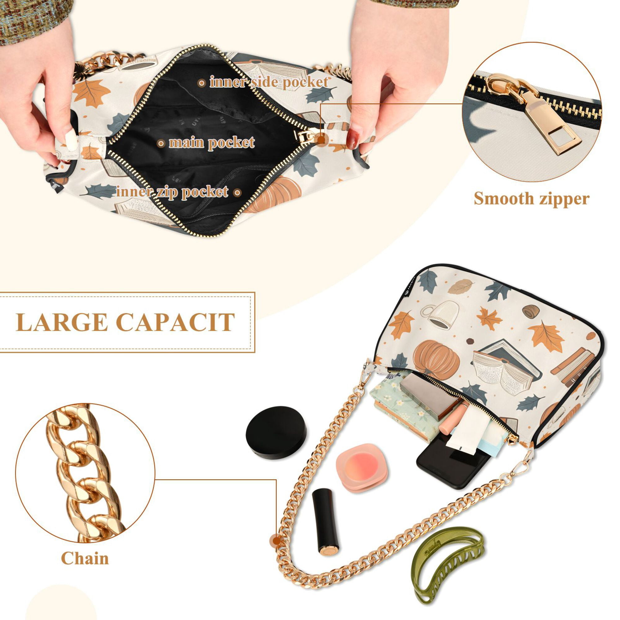 FORMRS Womens Shoulder Bag with Chain Strap Clutch Purse Cute Tote Handbag, Fall Books