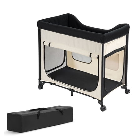 Foldable Dog Bed Elevated Lounge Pet Bed with Wheels 600D Oxford L Beige