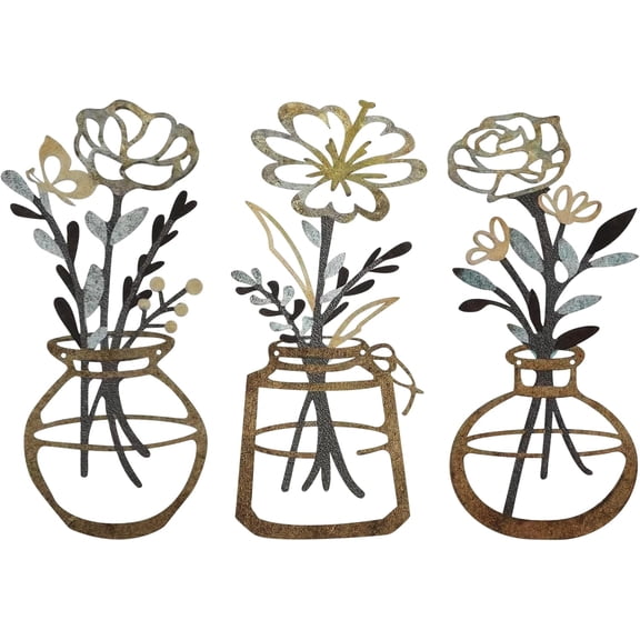 Metal Flower Wall Art 3 Pieces, Rustic Farmhouse Decor Wall Decor, Metal Wall Sculptures Hanging for Kitchen Bathroom living room (Brown)