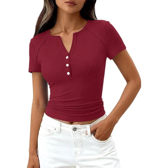 Women Deep V Neck Low Cut Tops Casual Ribbed Knit Henley T-Shirts Summer Short Sleeve Tees Deep Red S