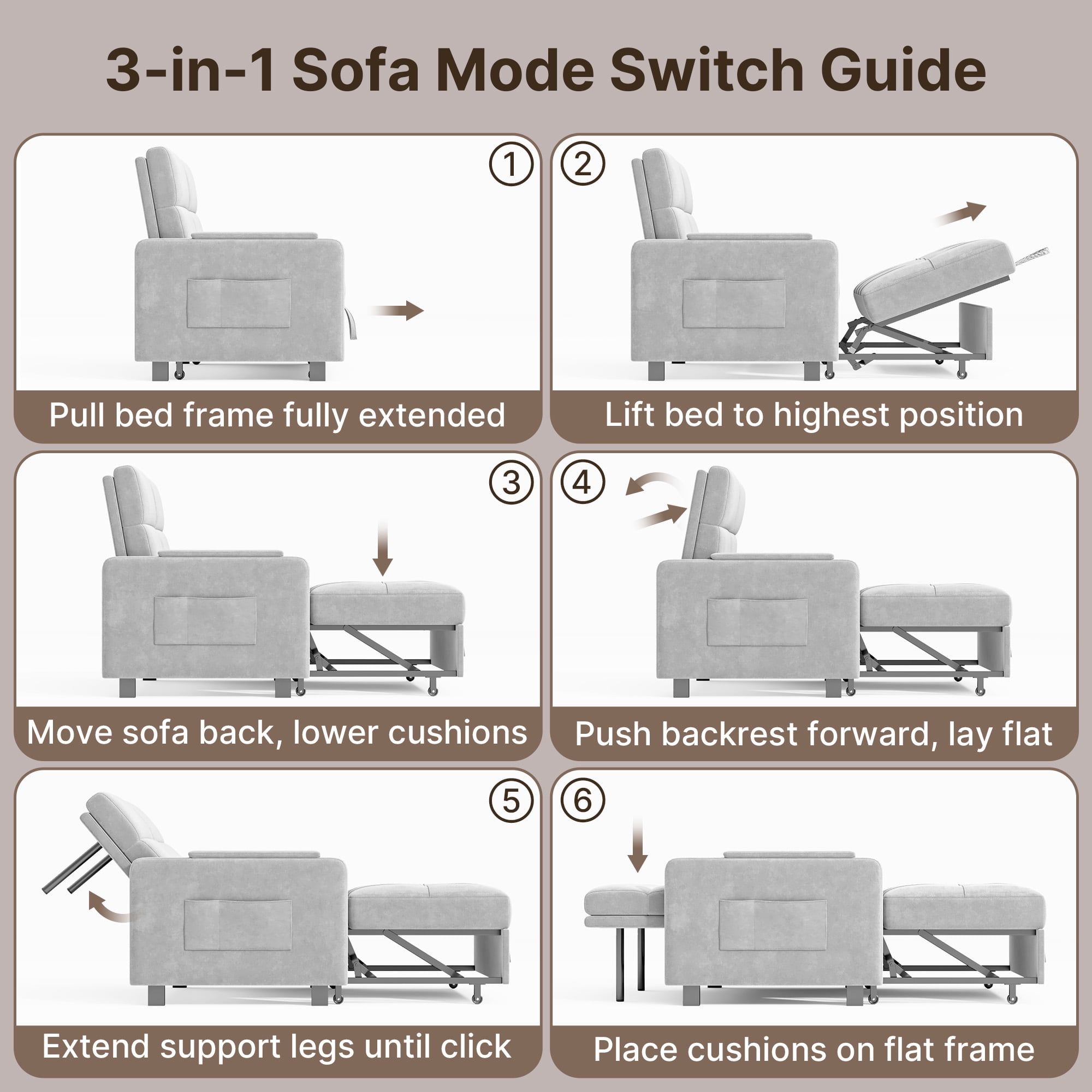 Jolifa Sofa Bed, 2 in 1 Sleeper Sofa with Detachable Linen Cover, Easy to Assemble, Recliner Lounge, Comfy Futon Pull Out Couch for Living Room/Office/Apartment (Light Grey)