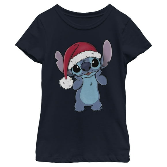 Girl's Lilo & Stitch Santa Surprise  T-Shirt - Navy Blue - X Large