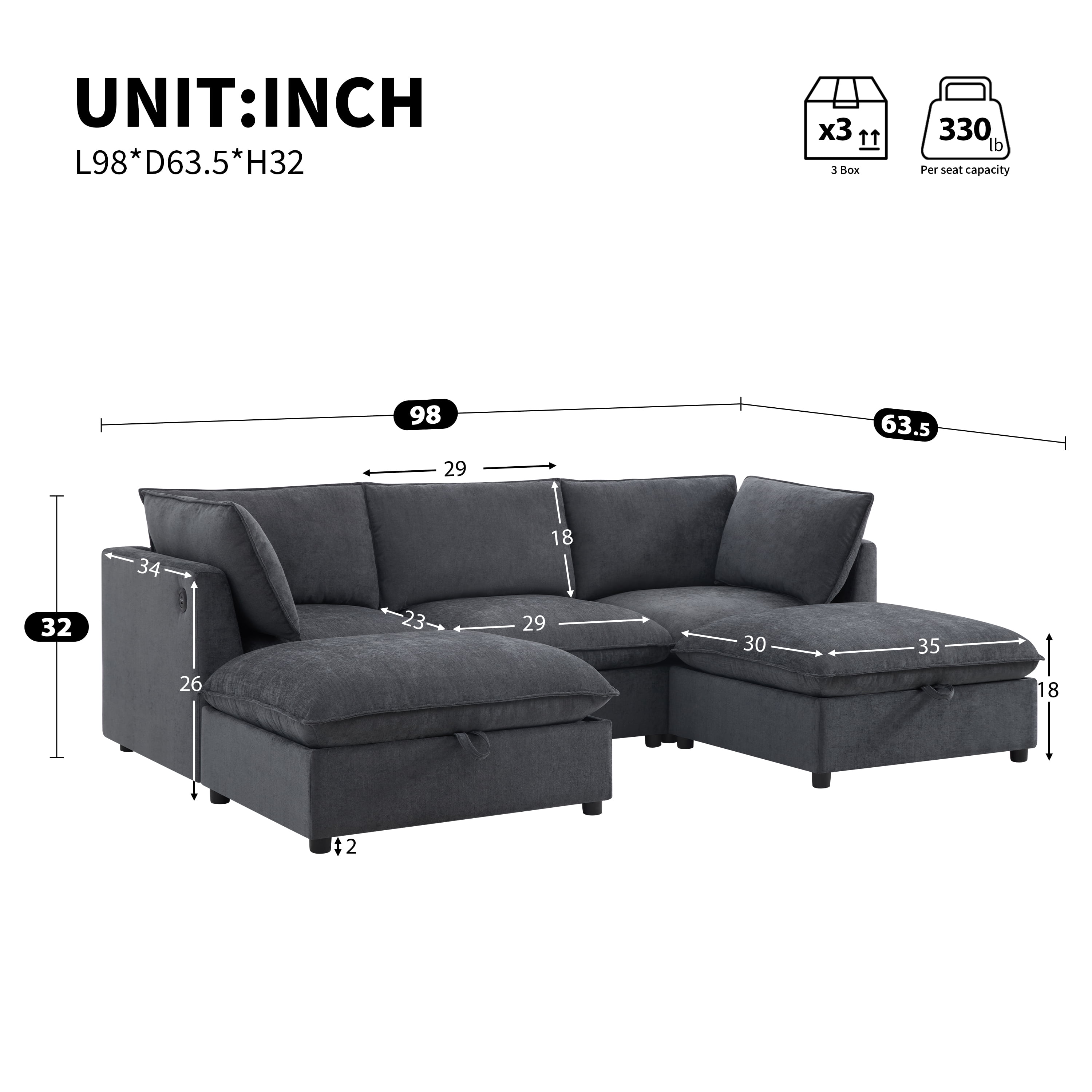 GARITIN Modular Sectional Sofa 98 Inch, U Shaped Cloud Couch with Movable Storage Ottoman and Fold Down Backrest Table, Gray