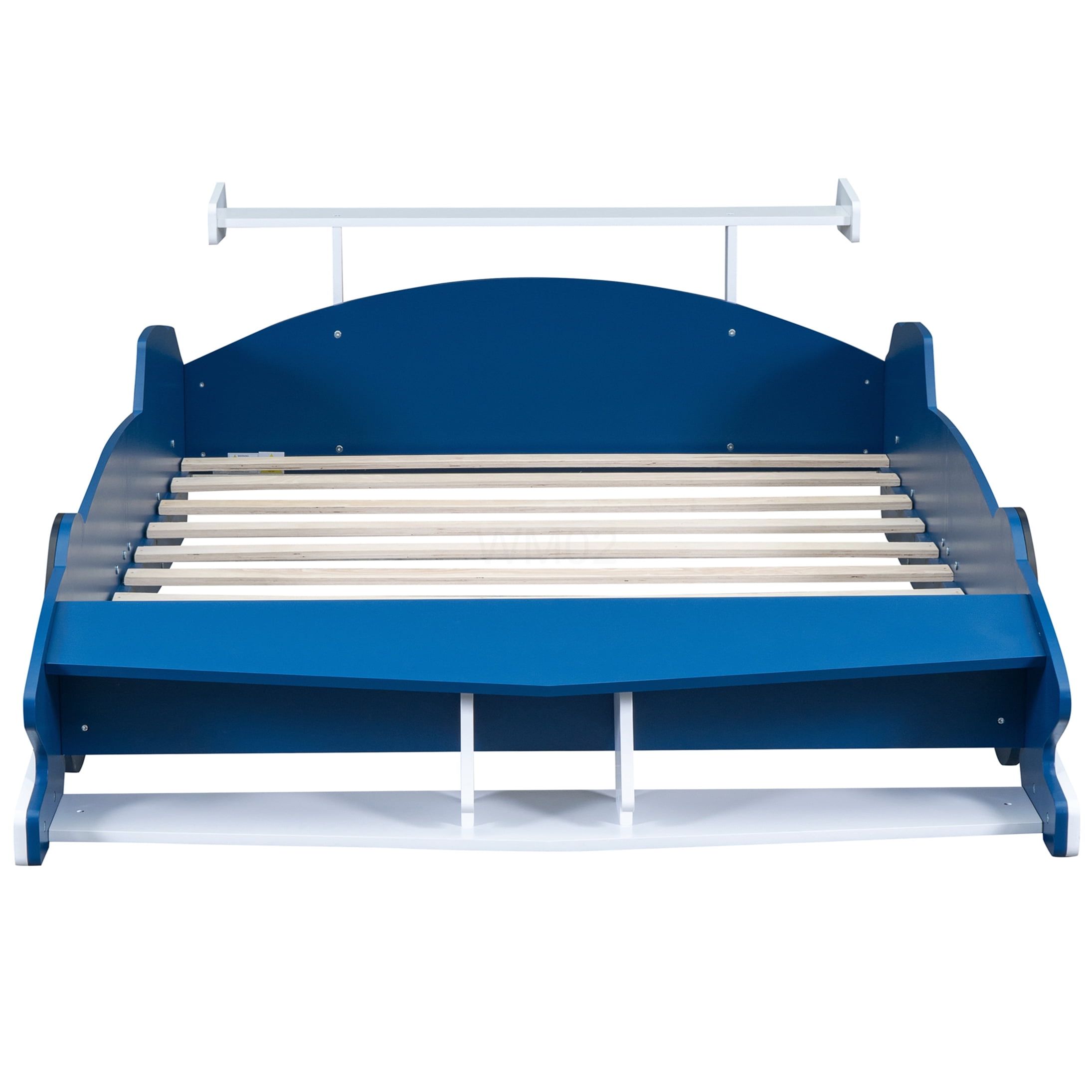 Full Size Race Car Bed with Wheels, Low Profile Platform Frame, Blue Finish, Easy Assembly