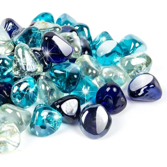 10 Pound Fire Glass Diamonds, Fire Pit Glass Stones for Gas Fireplace and Fire Pit, Mix of White, Cobalt Blue and Azura Margarita Blue, High Gloss