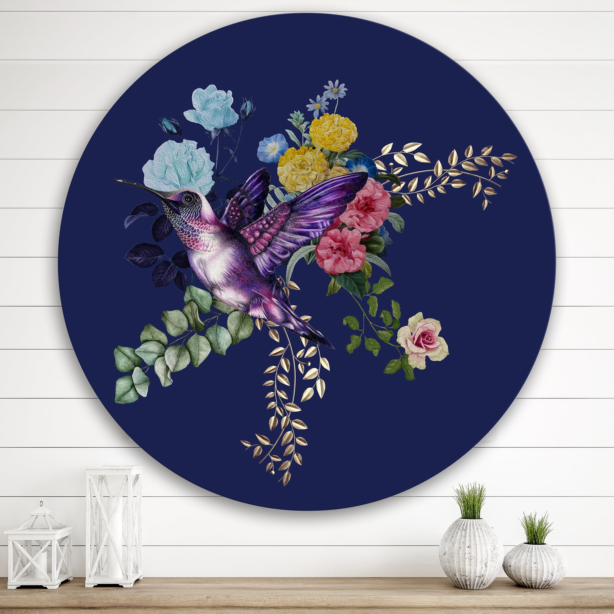 Designart 'Little Bird Sitting On Colourful Bouquet Of Wildflowers I' Traditional Circle Metal Wall Art 29x29 - Disc of 29