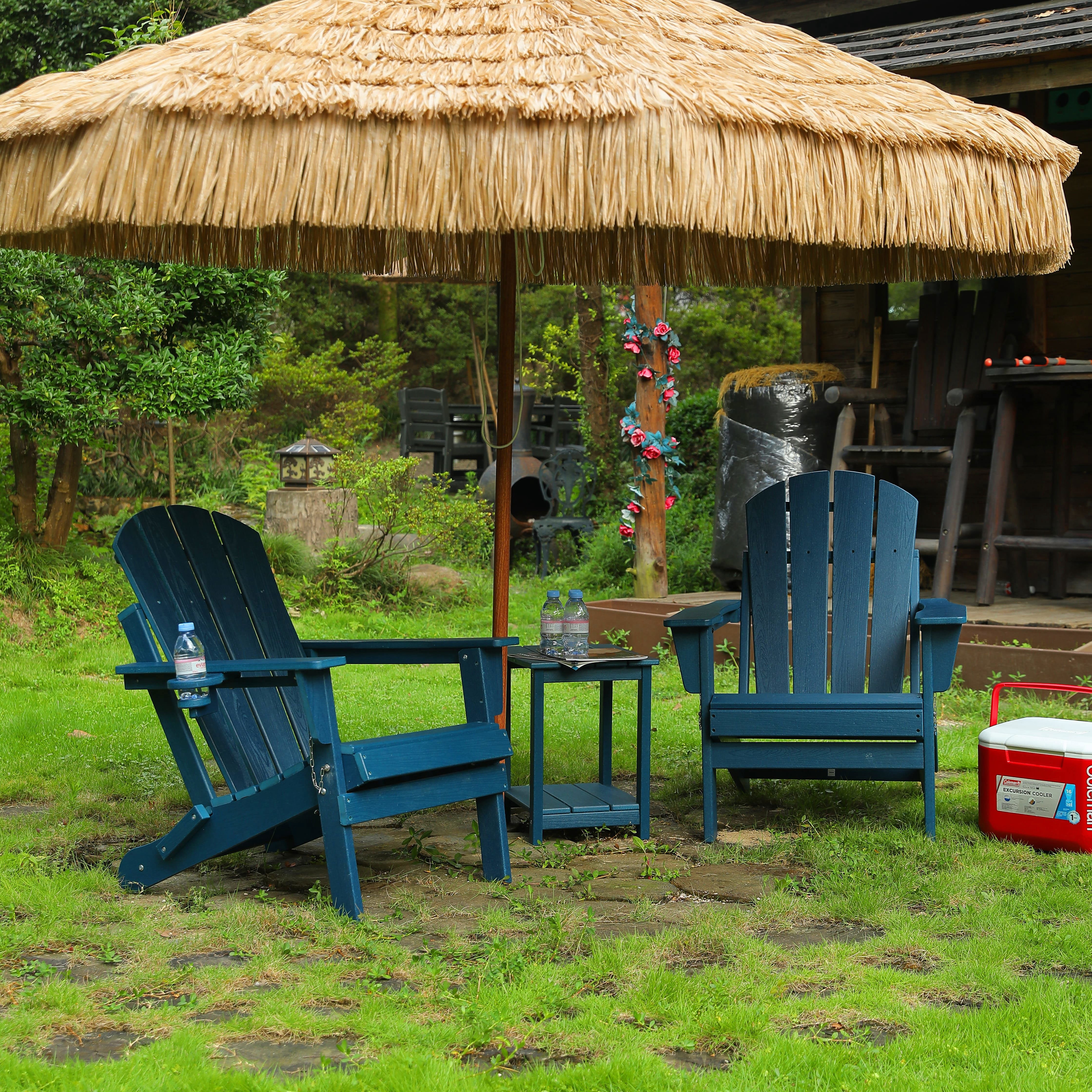 Resenkos HDPE Folding Adirondack Chair with Dual Cup Holder and Wood Texture, All Weather Composite Patio Chair, Navy Blue