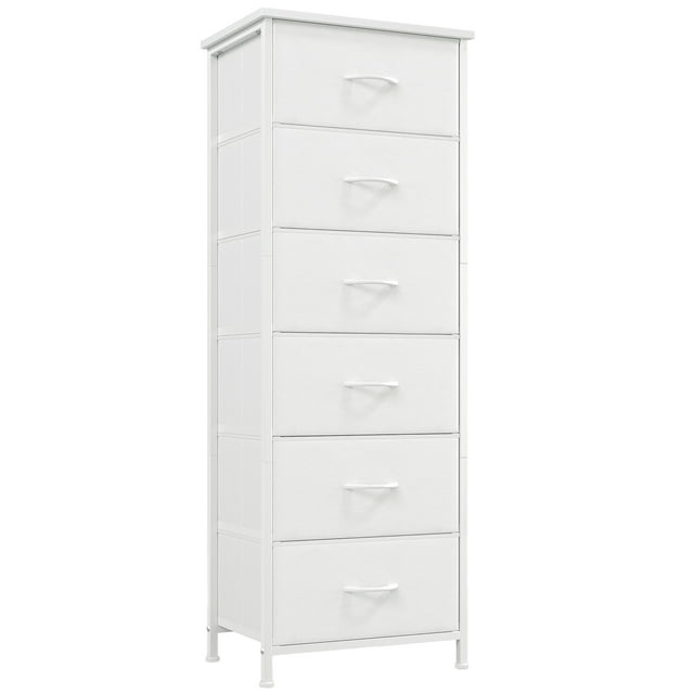 Eunos 6 Commode Haute pour Chambre et Salon, Coffre de Table de Nuit avec Bacs en Tissu, Cuir Blanc