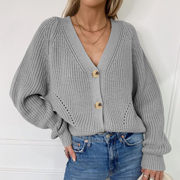 Baberdicy Women's Button-Front Knit Cardigan, V-Neck Long-Sleeve Sweater, Layering for Office & Home , Button-Front Knit Cardigan, Casual Sweater Coat, Everyday Top Grey Xxl