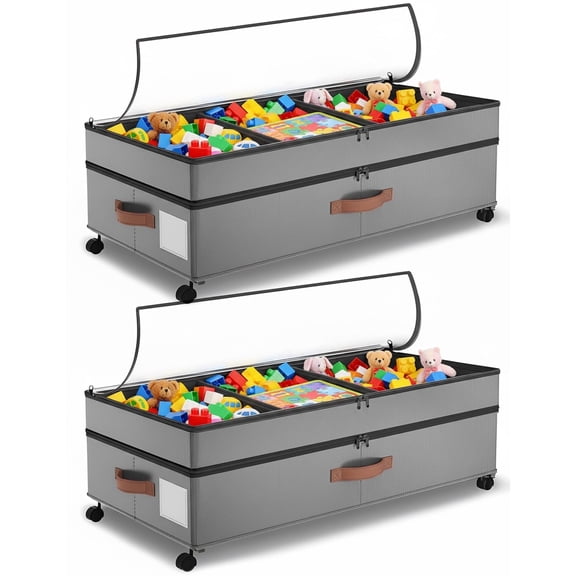 Under Bed Storage with Wheels, 2 Packs Large Underbed Organizer with Lid, 10'' Adjustable Height Shoes Containers Clothes Rolling Bin for Bedroom Dorm, Gray