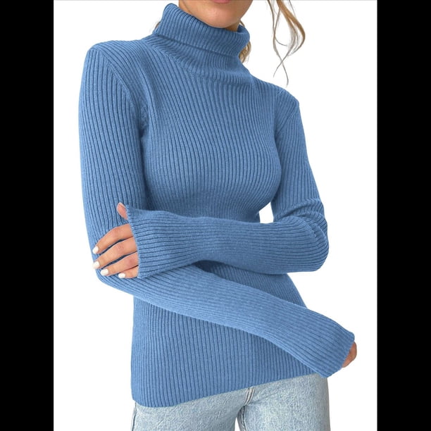 Suéteres Acanalados para Mujer, Lindos Suéteres de Punto de Cuello Alto, Ajustados y Cálidos Azul Mar un Tamaño